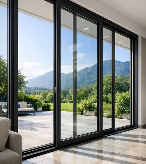 Aluminium sliding glass doors opening to the outdoors